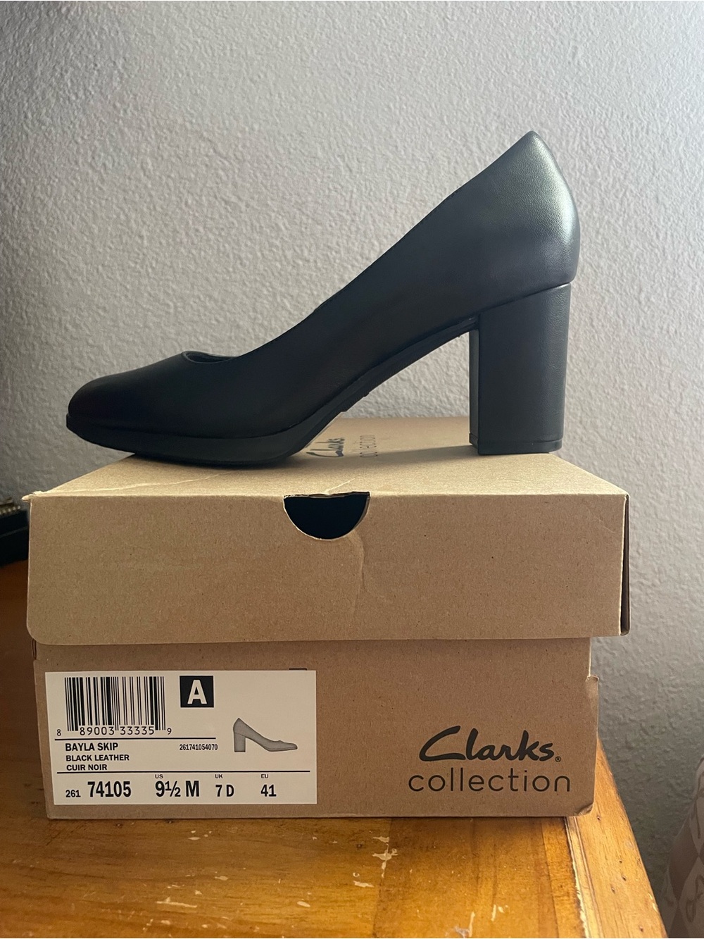 Clarks Black Leather Block Heel Pump